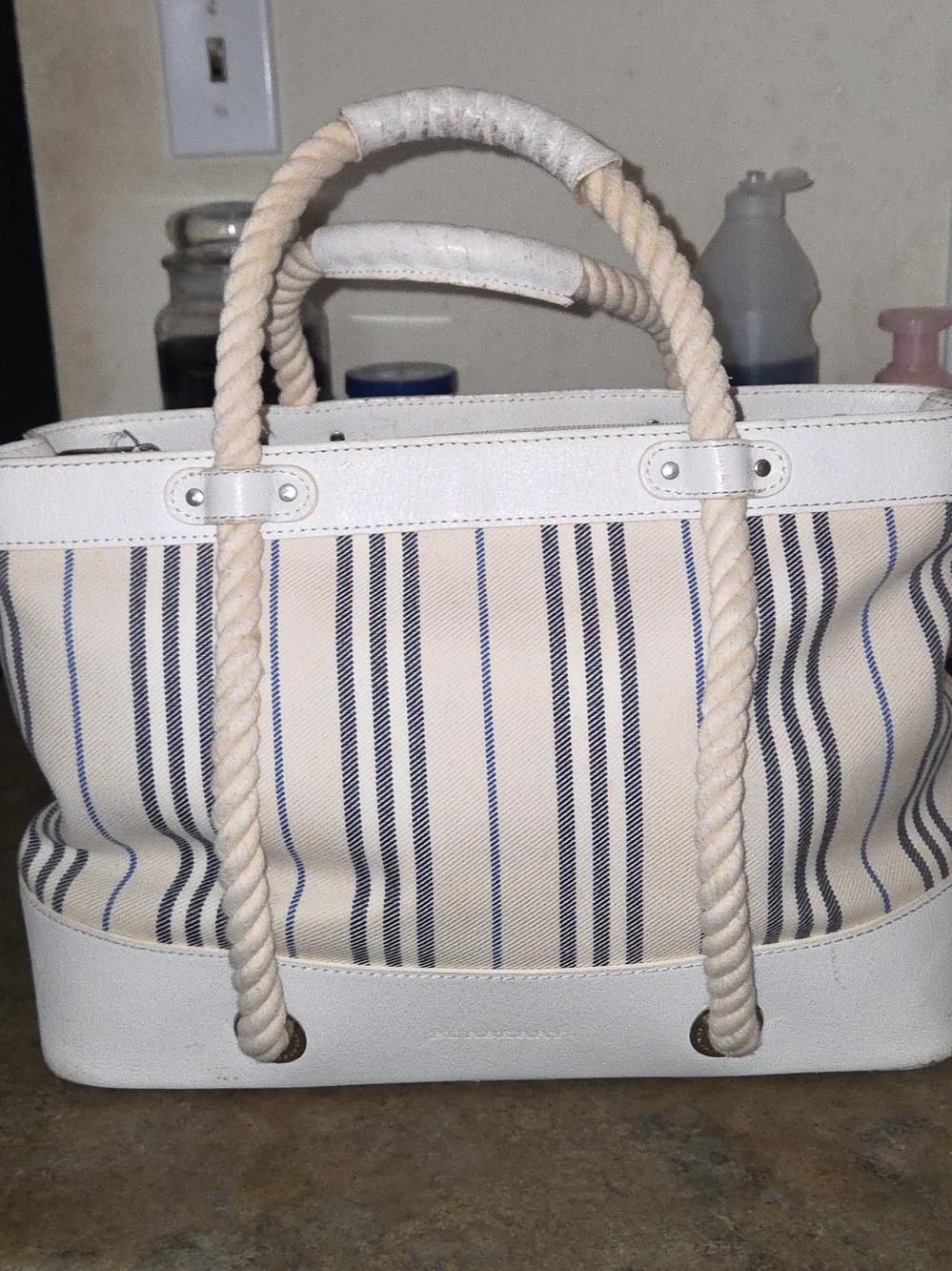 Authentic Burberry Striped Canvas Rope Tote Bag in Cream and Navy -